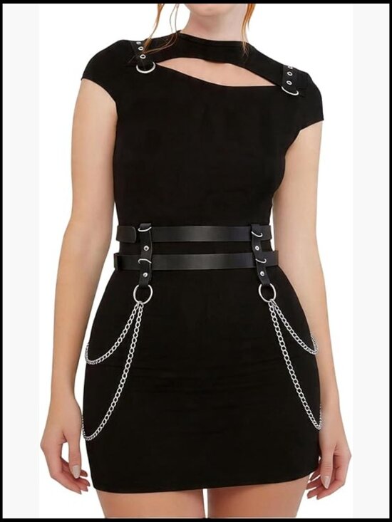 Punk Goth Chain Waist Harness Belt Adjustable Double-Layer PU Leather Statement